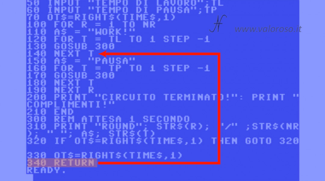 Tutorial di programmazione in Basic Commodore 3 salto GOSUB ritorno RETURN stack, QB64 QuickBasic