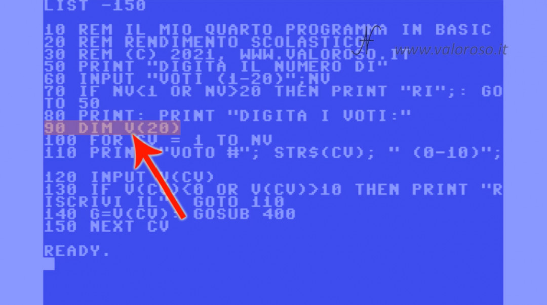 Videocorso sul linguaggio Basic Commodore QB64 4, DIM vettori array DIM V(20)