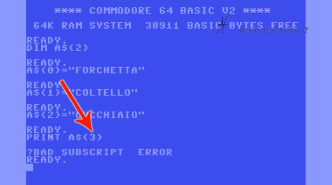 Videocorso sul Linguaggio Basic Commodore QB64 4, DIM vettori array bad subscript error, indice superiore limite