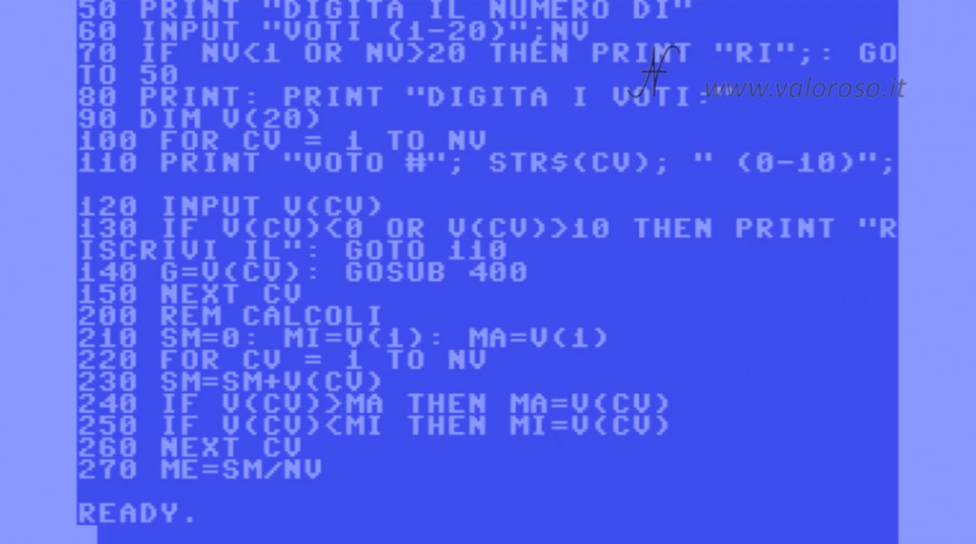 Tutorial programmazione Basic Commodore QB64 4, valore massimo max minimo min medio sequenza di numeri array vettori matrici, confronto