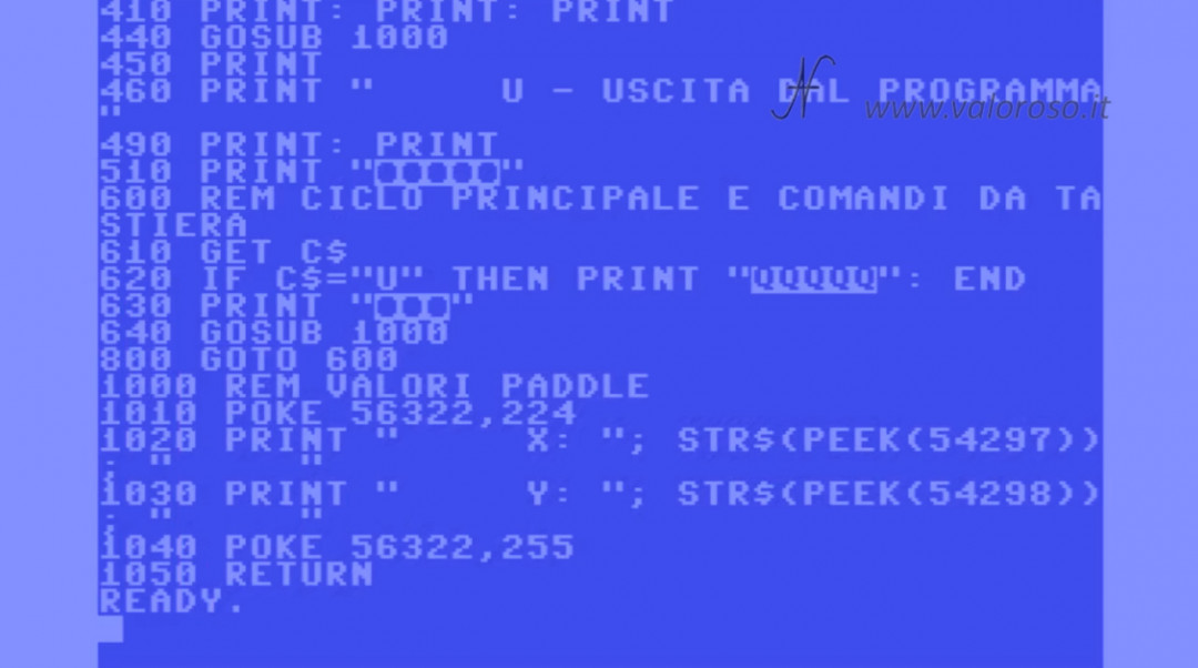 Costruire un Paddle per Arkanoid, Commodore 64, istruzioni Basic PEEK lettura valori analogici, peek(54297) peek(54298) poke, joystick port control