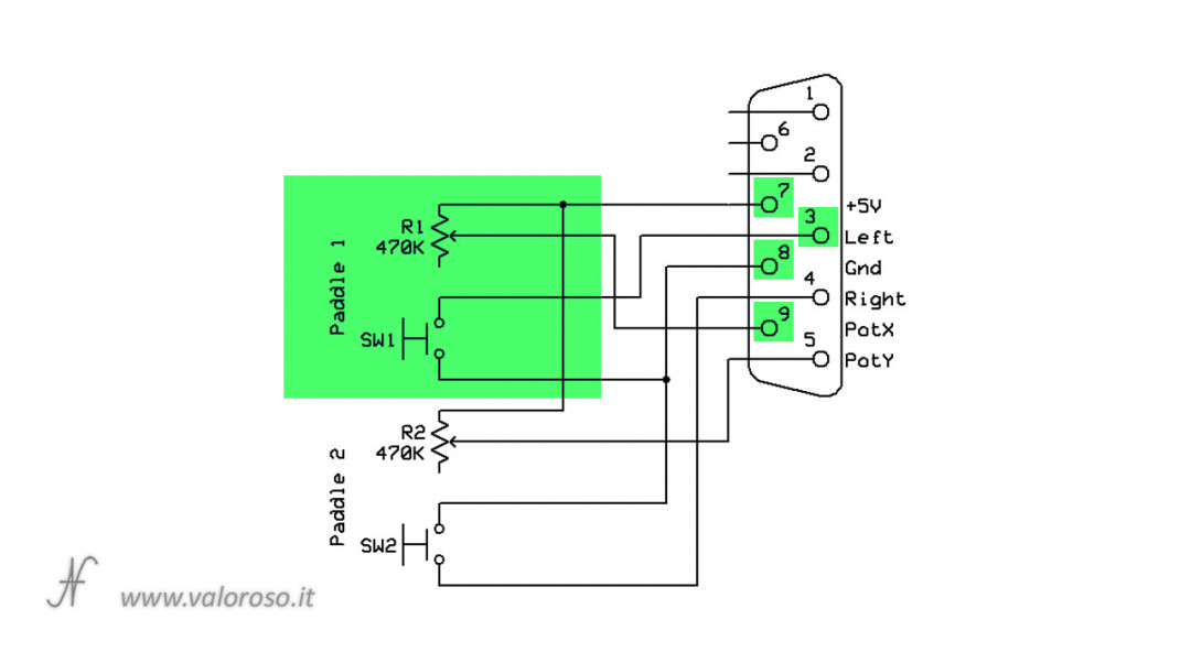 Costruire un Paddle per Arkanoid, Commodore 64, schema elettrico control port singolo paddle potenziometro switch, DIY, autocostruito, fai da te