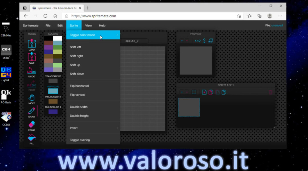 Creare disegnare uno sprite per il Commodore 64 e muoverlo, con sprite editor SpriteMate, Basic 2, colori multicolor individual, disegnare colorare, Toggle color mode