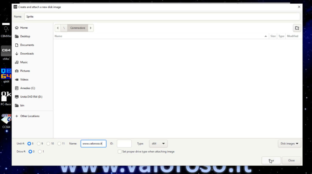 Creare un disco D64 virtuale vuoto, WinVICE VICE, Create and attach an empty disk image name unit drive, Commodore 64