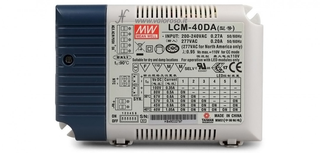 Dimming an LED bulb, LED driver power supply, 230V mains voltage, 0-10V signal input, Meanwell LCM-40 selectable current, low voltage LED