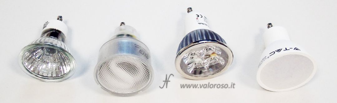 LED bulbs, halogen, fluorescent CFL, non-dimmable, connection GU10 230V