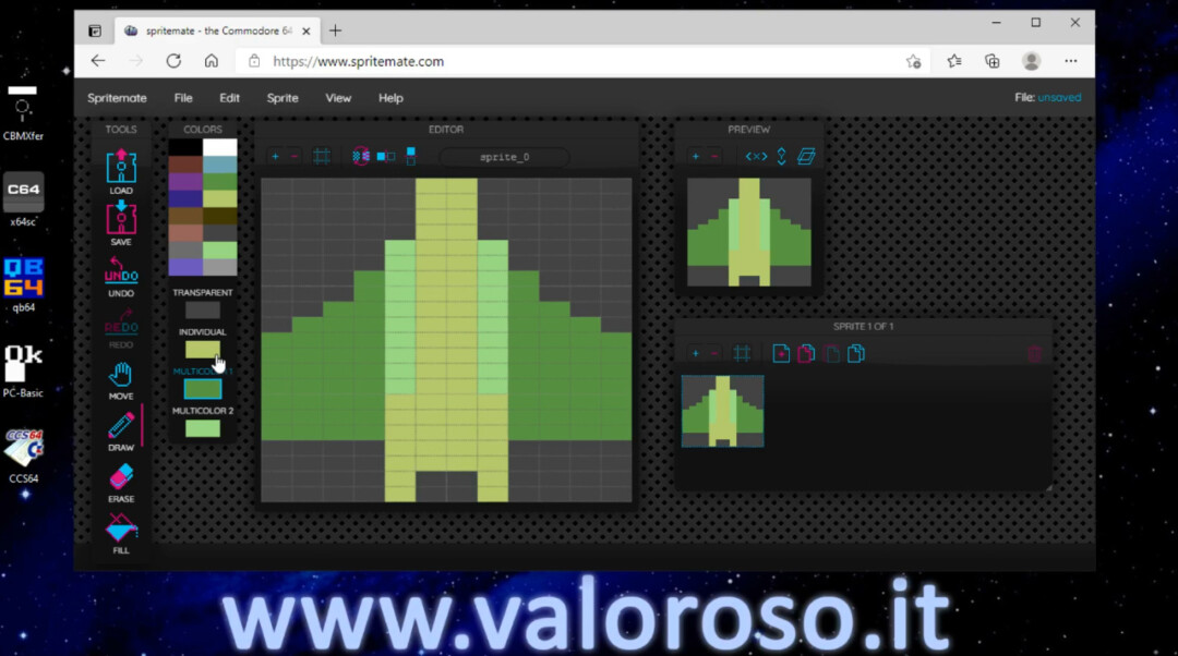 Draw a color sprite for the Commodore 64 with sprite editor SpriteMate, Basic 2, multicolor individual, load, save, draw, erase, fill, preview, double hwight width, double height width