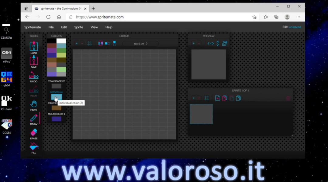 Disegnare uno sprite per il Commodore 64 con sprite editor SpriteMate, Basic 2, scegliere colori multicolor individual