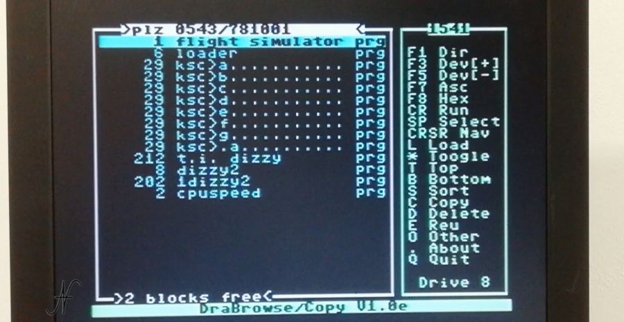 DraCopy elenco file floppy disc drive 1541, address 8, Commodore 64