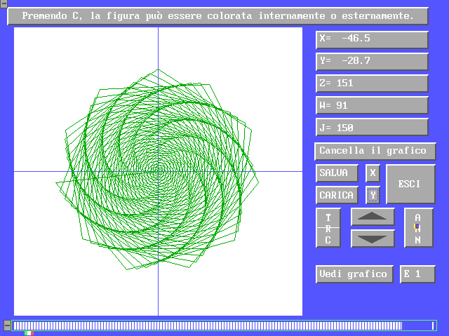 EQUATIO, software per grafici di funzioni matematiche, Amedeo Valoroso, 2D, spirale, panello, ATN, ABS, COS, SQR, SIN, TAN, INT, LOG, RND, EXP, SGN, funzioni, matematica, grafici, studio di funzioni, disegno, seno, coseno, coordinate