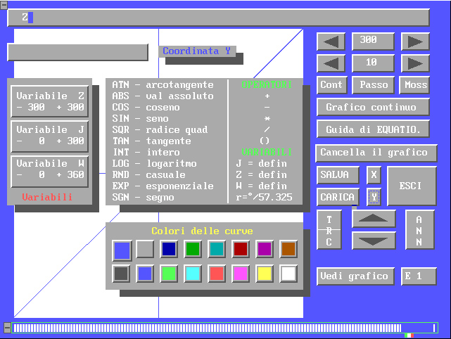 EQUATIO, software for graphs of mathematical functions, options, panel, ATN, ABS, COS, SQR, SIN, TAN, INT, LOG, RND, EXP, SGN, functions, graphs, mathematicians, drawing, tracking, sine, cosine, coordinates, Amedeo Valoroso