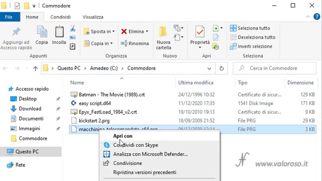 Emulatore CCS64, eseguire avviare programmi giochi utility per Commodore 64 su PC Windows 10, aprire file PRG CRT D64, associazione tasto destro
