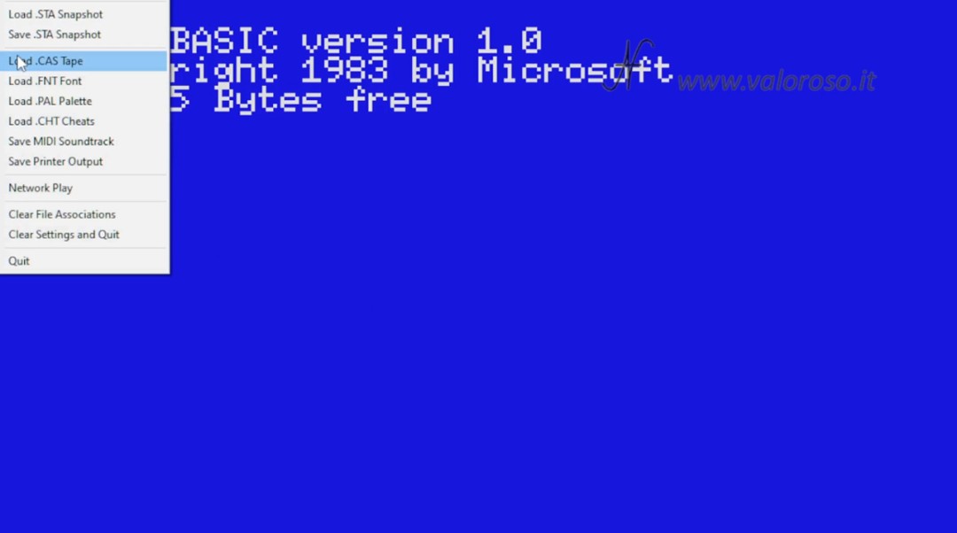Emulatore per computer MSX su PC Windows, fMSX, Philips Phonola BASIC, load save CAS STA PAL CHT FNT MIDI