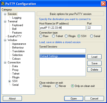 ExtraPutty, SSH, Linux, CentOS, connection setup, port 22