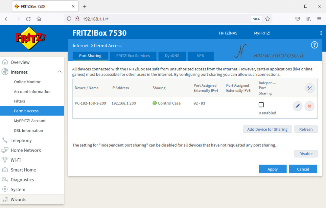 Girare le porte del router, connessioni in ingresso router Fritzbox 7530, abilitare le porte del router, port sharing