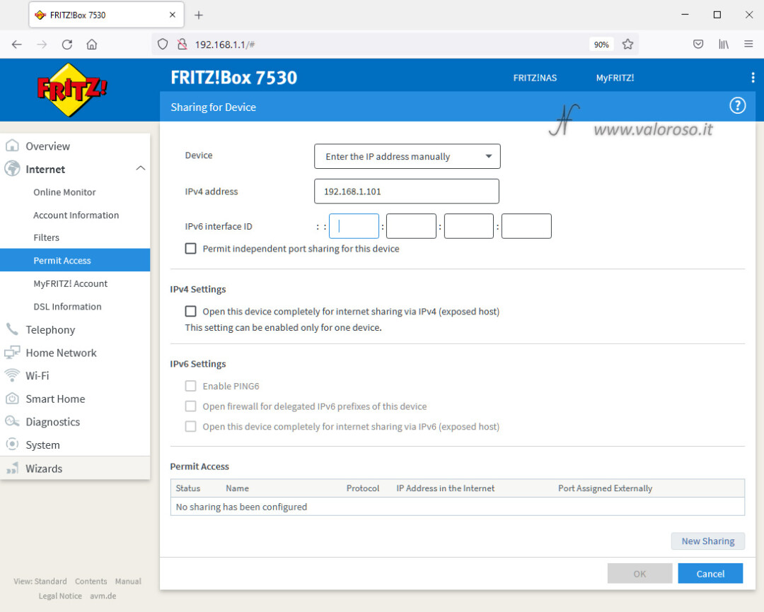 Girare le porte del router, connessioni in ingresso router Fritzbox 7530, abilitare le porte del router, port sharing, new sharing, nuova abilitazione