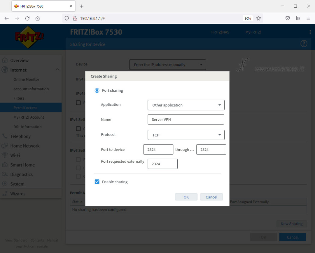 Turn router ports, Fritzbox 7530 router input connections, enable router ports, port sharing, new sharing, new port enablement