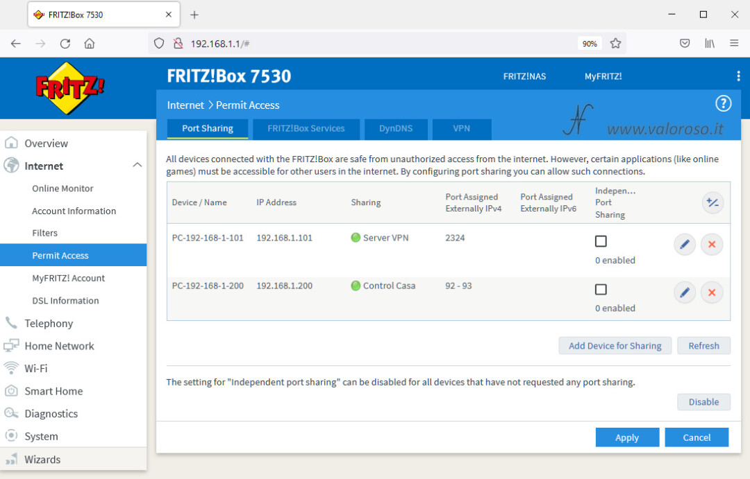 Girare le porte del router, connessioni in ingresso router Fritzbox 7530, abilitare le porte del router, port sharing, new sharing, salvare abilitazione