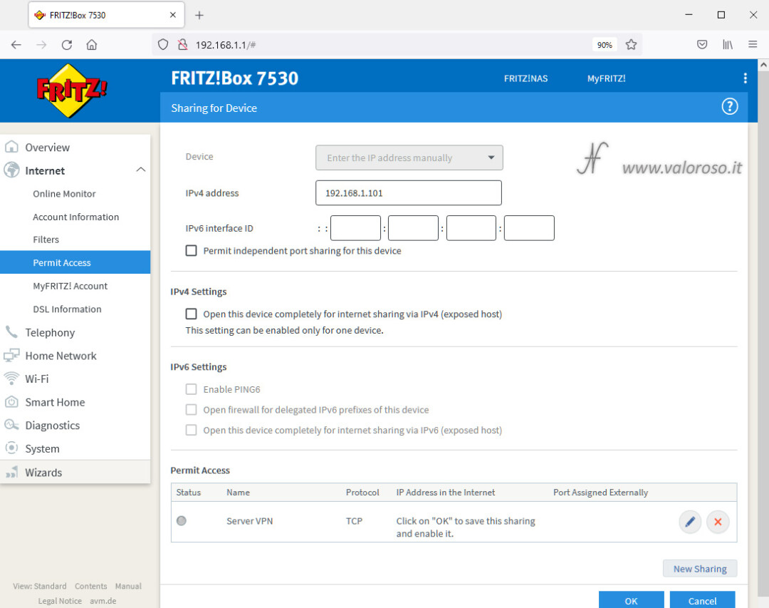 Girare le porte del router, connessioni in ingresso router Fritzbox 7530, abilitare le porte del router, port sharing, new sharing, port assigned