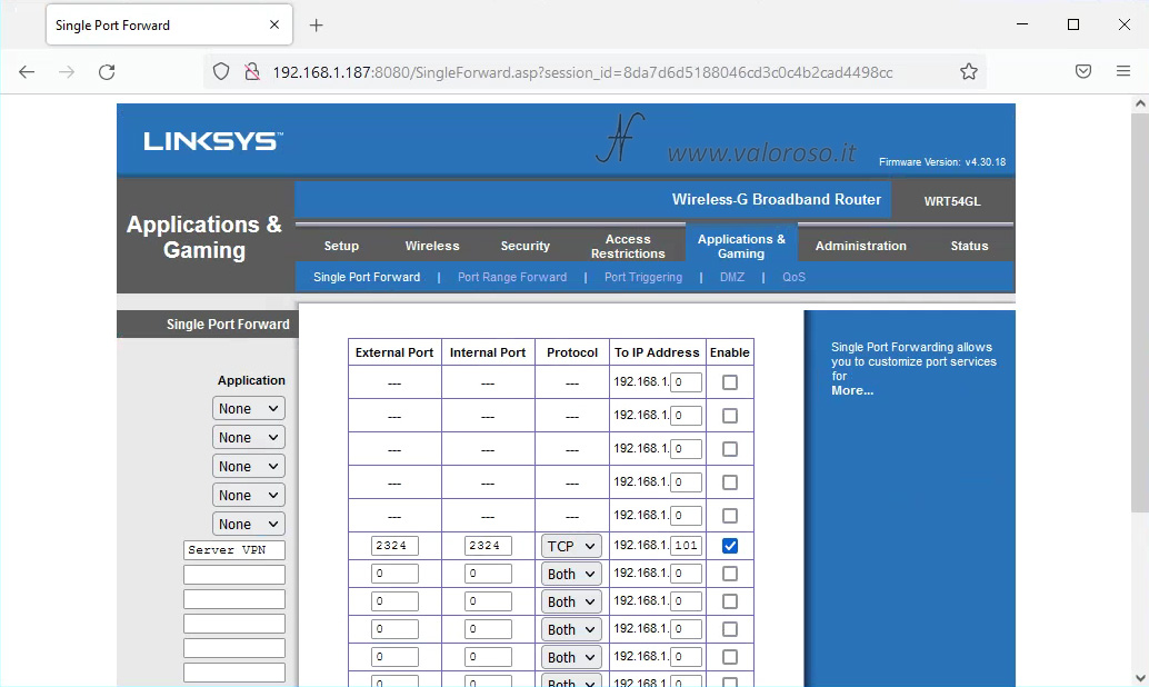 Turn router ports, LinkSys Wireless-G WRT54GL router input connections, single port forward, external internal port protocol enable