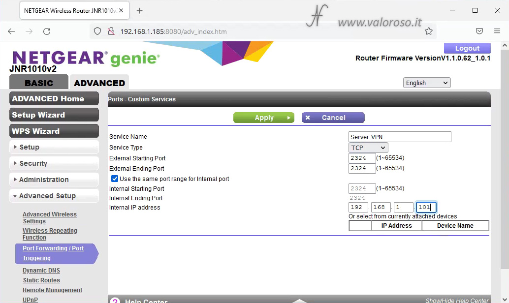 Turn router ports, NetGear Genie JNR1010v2 JNR1010 router input connections, port forwarding forward, custom service