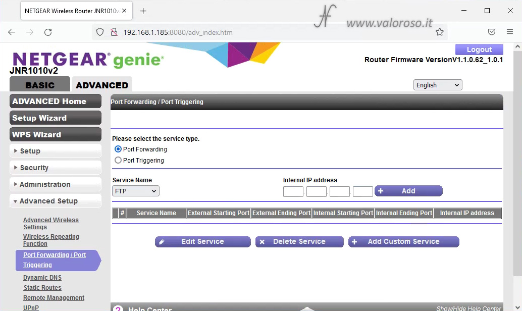 Girare le porte del router, connessioni in ingresso router NetGear Genie JNR1010v2 JNR1010, port forwarding forward, service