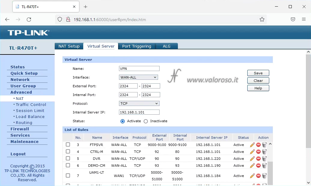 Turn router ports, TP-Link TL-R470T router input connections, enable router ports, virtual server