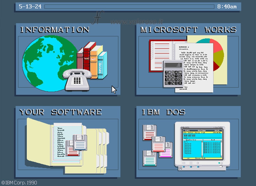 IBM PS/1 Intel 286 vintage computer, startup screen, 4 quadrant ROMSHELL, ROM SHELL, IBM DOS 4 ROM, information, microsoft works, your software, IBM DOS