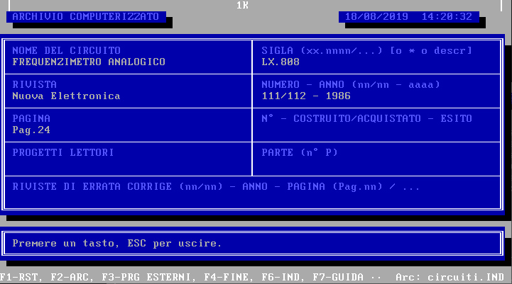 INDIRIZZ, Amedeo Valoroso, archiving program, database, GwBasic, TurboBasic, Nuova Elettronica