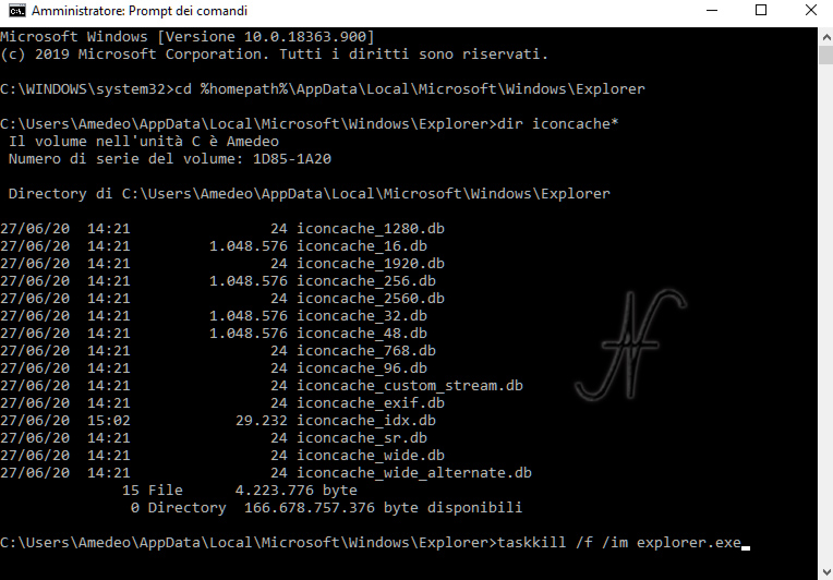 Ricostruzione cache iconcache, cancellazione database icone, refresh icone, cd %homepath%\AppData\Local\Microsoft\Windows\Explorer, iconcache db
