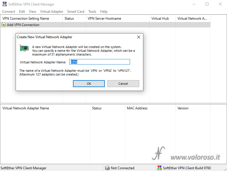 Set up SoftEther VPN Client Manager, create virtual network adapter name, setup config settings, virtual network adapter
