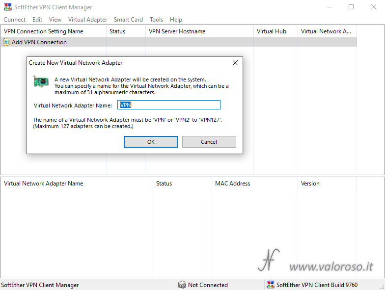 Impostare SoftEther VPN Client Manager, create virtual network adapter name, setup config impostazioni, adattatore di rete virtuale