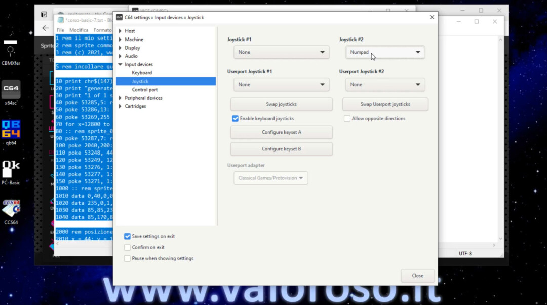 Impostare il joystick 2 emulatore WinVICE VICE numpad settings input devices, Commodore 64