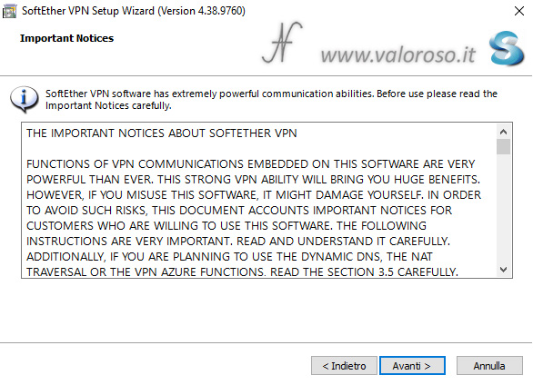 Installare SoftEther VPN Client Setup Wizard, important notices, avoid problems