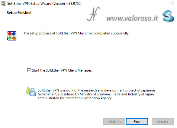 Installare SoftEther VPN Client Setup Wizard, setup finished completed successfully, Connettere un computer remoto alla VPN