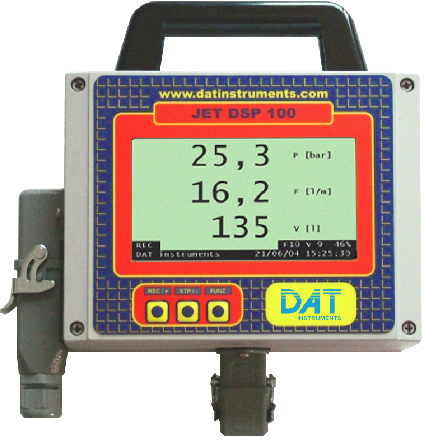 DAT instruments, JET DSP 100 IR, grouting datalogger, pressure sensor, flow sensor, quantity sensor, grout, Lugeon test, Lugeon, Permeability, LCD, computer, keyboard, display