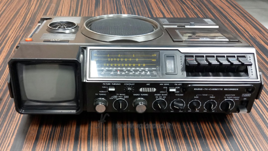 JVC 3080 TV Radio Cassette Recorder, front view, speaker, CRT, cathode ray tube, knobs, tuning, volume, radio