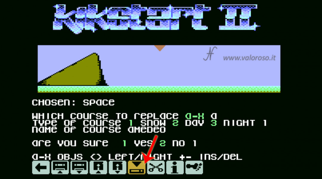 KikStart 2 KickStart II videogioco Commodore 64 impostare creare pista sostituire snow day night notte neve giorno, sostituire le piste, modificare le corse