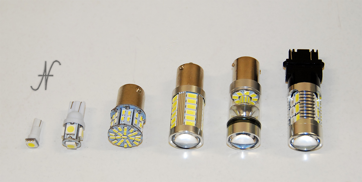 LED bulbs lamps T20 T15 T10 W5W T5 W3W BA15S BAU15S, position lights, arrows, turn signals, reverse