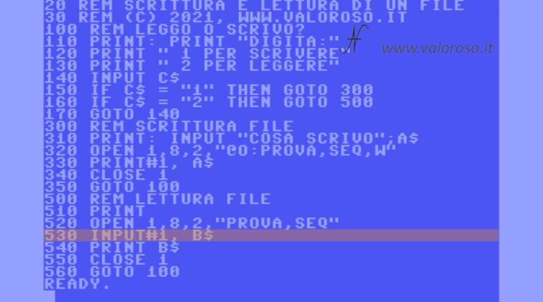 Leggere un file in Basic, Commodore 64 128 Vic20 16 PET, leggere una stringa su un file di testo INPUT#