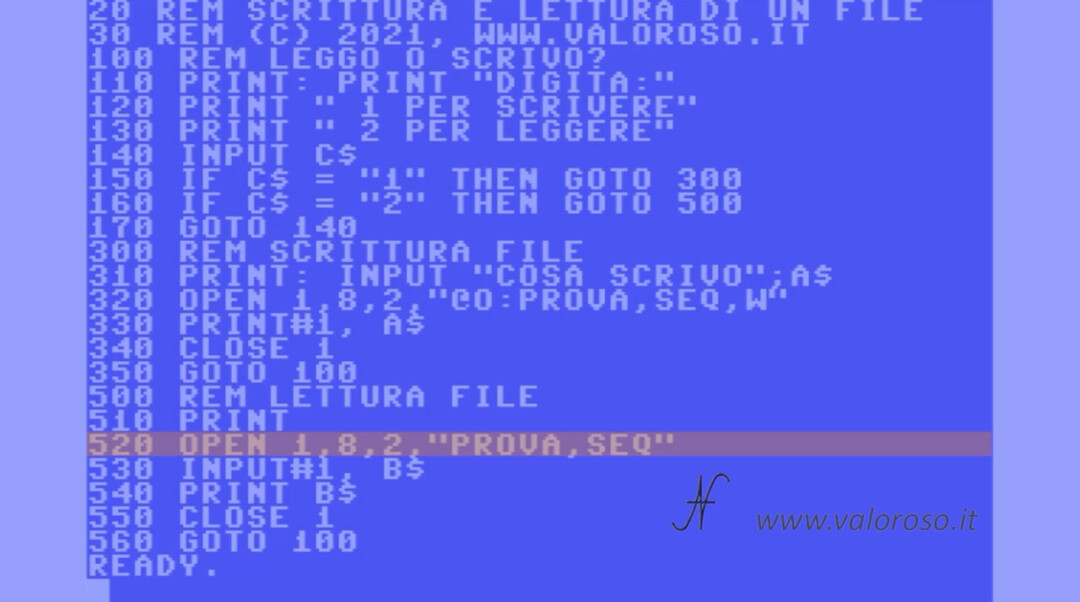 Leggere un file in Basic, Commodore 64 Vic20 16 128 PET, OPEN file sequenziale in scrittura SEQ