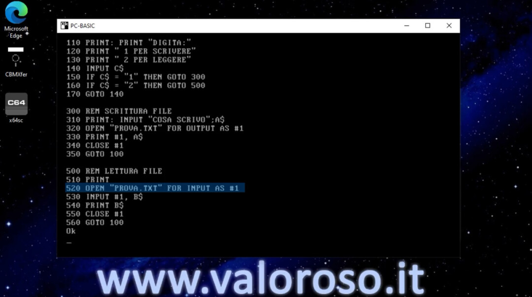 Leggere un file in Basic, QB64, QuickBasic, GwBasic, Turbo Basic, PC-BASIC, OPEN FOR INPUT AS AS# aprire un file sequenziale