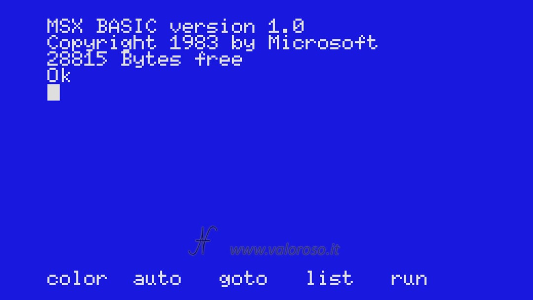 MSX BASIC version 1.0, Copyright 1983 by Microsoft, 28815 Bytes free, Ok, Philips Phonola VG8020 VG-8020