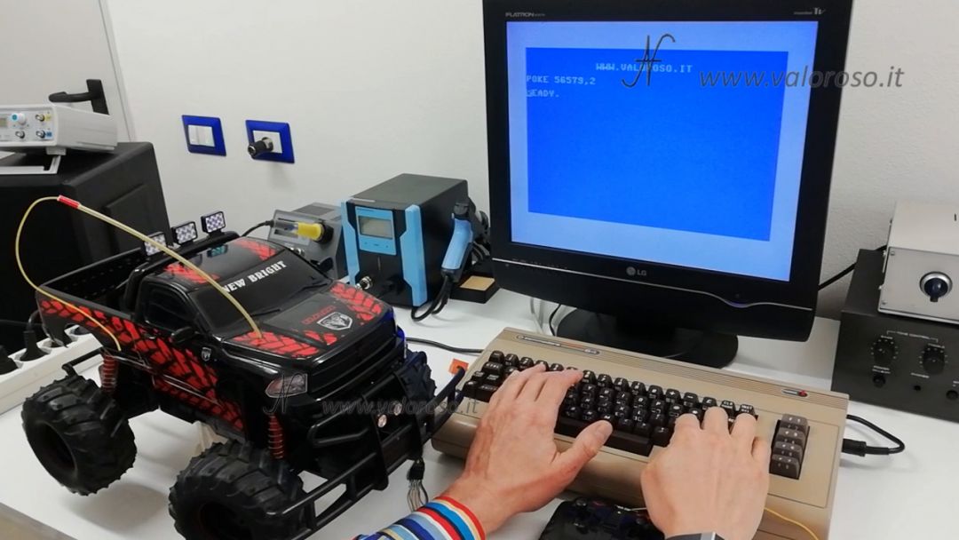 Radio controlled car from Commodore 64, POKE 56579 command from Basic, forward, backward, left, right