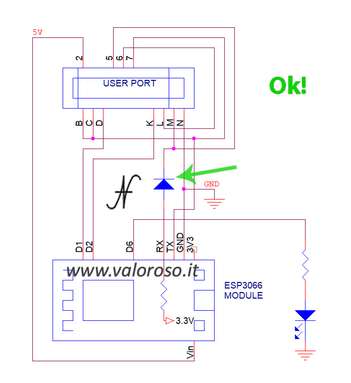 Modifica modem WiFi Commodore 64, NodeMCU esp8266, schema corretto con aggiunta diodo 1N4148 o Schottky