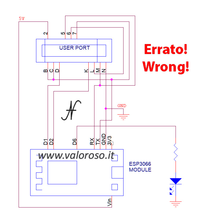 Modifica modem WiFi Commodore 64, NodeMCU esp8266, schema errato sbagliato, non è 5V tolerant