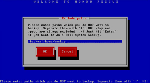 MondoArchive, Mondo Rescue, server backup, please enter paths which you do not want to backup