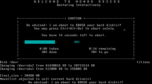 MondoRescue, server restore from ISO file, I am about to erase your hard disks, you have n seconds left to abort. Restoring interactively.