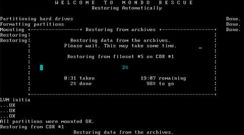 MondoRescue, server restore from ISO file, restoring data from the archives, restoring from fileset, all partitions were mounted