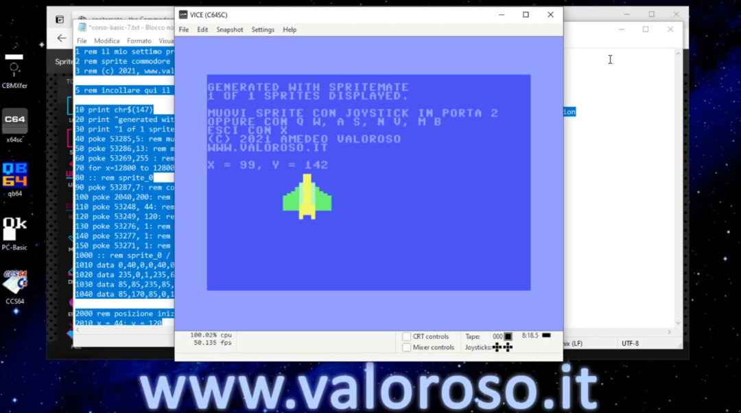 Muovere animare spostare uno sprite con il Commodore 64, tastiera e joystick, Basic, tutorial programma di esempio POKE